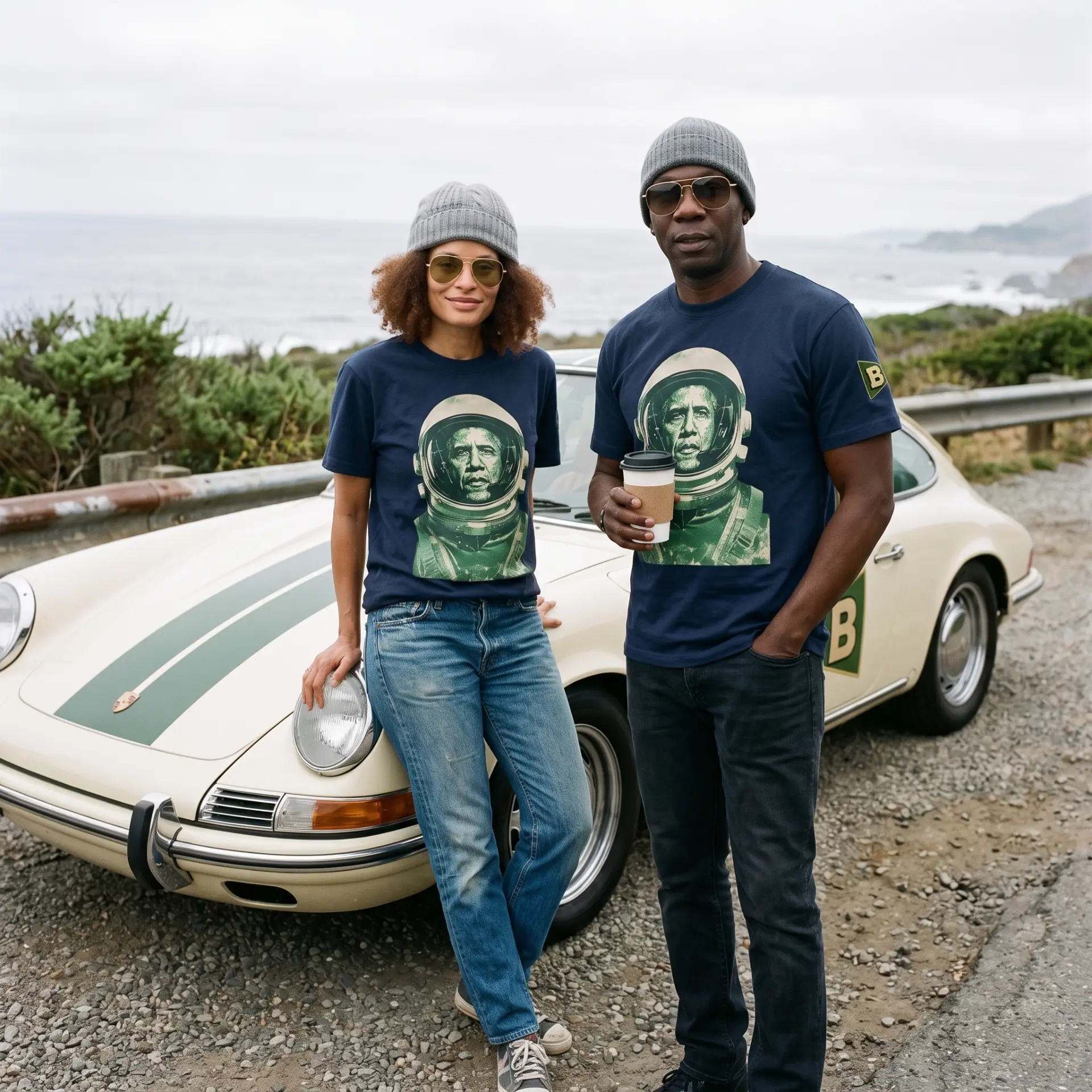 BARRY NAUGHT HEAVY T-SHIRT worn by a couple by a vintage Porsche