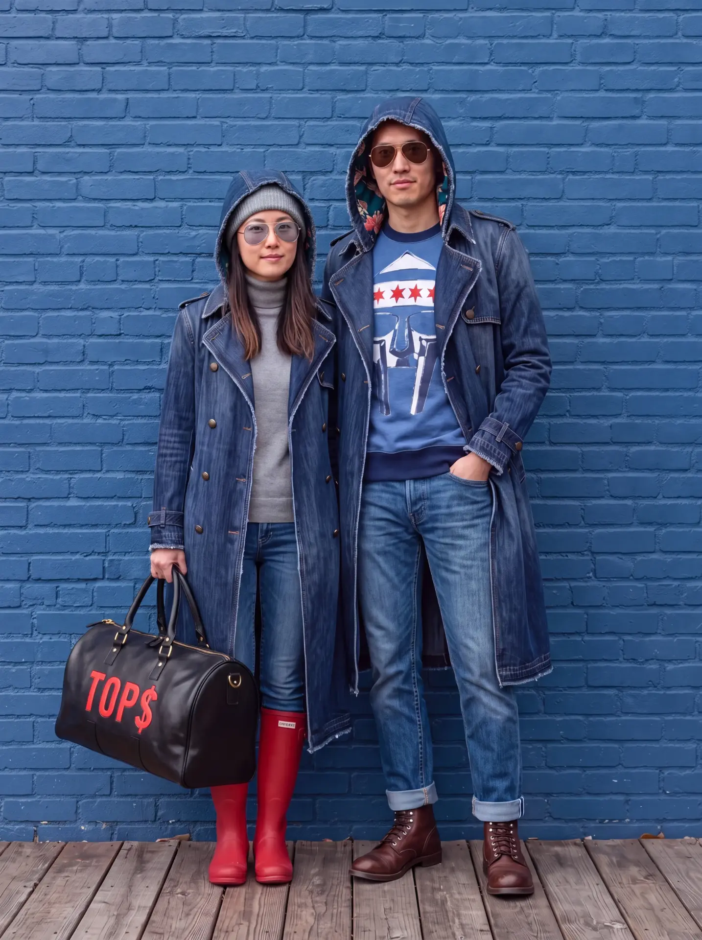 Two people wearing the Diamond Life Denim Hood Duster in front of a blue brick wall