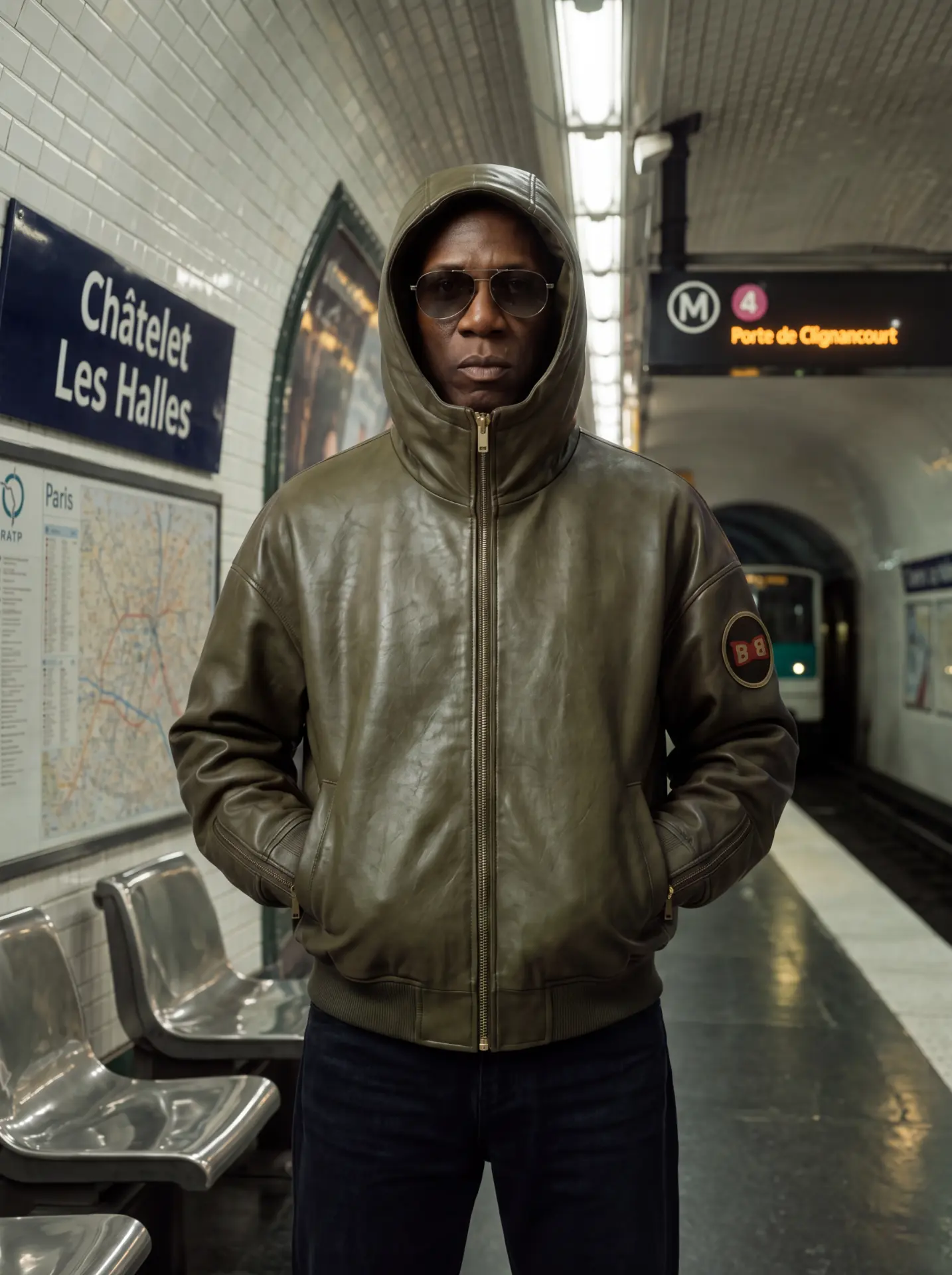 Heavy Hood olive leather jacket worn in Paris
